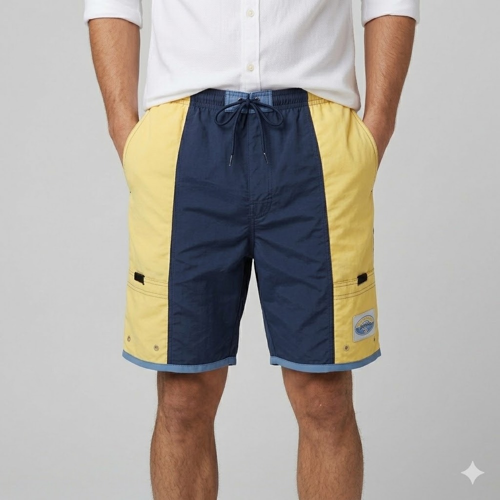 Planks TransAtlantic Colorblock Vintage Swim Trunks Men's L Blue Yellow‎ EUC